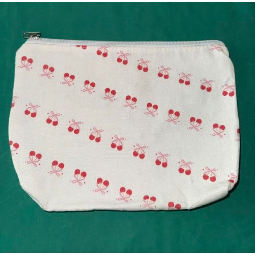 Coquette Handmade Cherry with Soft Pink Bow Zipper Pouch